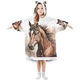 Übergroße Decke für Kinder und Jungen, Mädchen, Pferde-Malerei, Fleece, tragbare Kapuzenjacke mit Tasche, Kapuzen-Sweatshirt für Kinder und Teenager, mehrfarbig, L