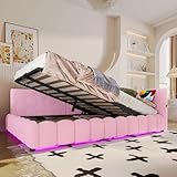 Daybett, 140*200cm Tagesbett, Schlafsofa, Bett mit Lattenrost (ohne Matratze), mit LED-Lichtleiste, mit hydraulischem Hebemechanismus, USB-Anschluss, Typ-C, Komfortmaterial, Vliesimitat (Rosa)