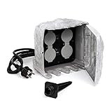 Gartensteckdose 4fach in Steinoptik, IP44, Außensteckdose mit Sensor für Dämmerung und 1,5m Kabel grau