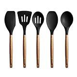 Miusco Silikon Kochlöffel Set, Antihaft-Silikon-Küchenutensilien-Set, 5-teilig, Küchenhelfer Set mit Akazienholzgriff, Schwarz, BPA-frei, Silikon-Kochbesteck-Set zum Backen & Servieren
