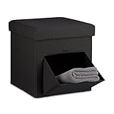 Relaxdays Faltbarer Sitzhocker, Leinen, Sitzwürfel, Aufbewahrungsbox mit Klappe, abnehmbarer Deckel, Sitzcube, stabil, Fußablage, HxBxT 38 x 38 x 38 cm, schwarz