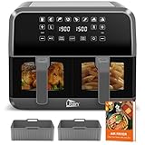 Uten Doppel Heißluftfritteuse, 8L Heißluftfritteuse Dual Zone Sichtbar, XXL Airfryer mit 2 Kammern, Silikonpads, 114 Rezepte, Digitalanzeige mit SYNC FINISH, Shake-Erinnerung, Spülmaschinenfest