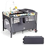 COSTWAY 5-in-1-Babybett mit Wickeltisch, 2 Ebene Babyreisebett mit 3 Spielzeug & Musikbox & Aufbewahrungstasche, 4-stufig verstellbares Beistellbett für Baby mit Rollen & Tragetasche (Grau)