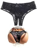 ohyeahlady String Tanga Damen Sexy Dessous Offener Schritt Spitze Slip Große Größen Panty Hipster Höschen Ouvert Unterwäsche Soft Blumen Loch Unterhosen Schwarz,M
