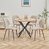 GrandCA HOME Esstisch und Stuhlset, 100 cm Runder Esstisch und 4 Moderne Leinenstühle, für Esszimmer, Küche, Wohnzimmer (Helle + Khaki)