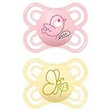 MAM Perfect Schnuller im 2er-Set, für eine gesunde Zahn- und Kieferentwicklung, Baby Schnuller aus nachhaltigen & bio-erneuerbaren Materialien, mit Schnullerbox, 0-6 Monate, Vogel/Schmetterling