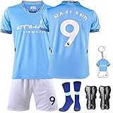 Neiclsy Fußballtrikot Kinder, 24-25 Nr. 9 Fussballtrikot Kinder Jungen, Fussball T-Shirt Shorts Socken, Schlüsselanhänger und Schienbeinschoner Set（Blau, Größe 24）