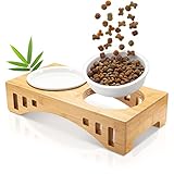 giriniwee Qualitäts Futter Bar mit Zwei super flachen 250ml Porzellannäpfen im Bambusgestell, erhöhte Doppelschale für Katzen, Kitten, kleine, Mini oder Zwerghunde, Toy Dogs & andere kleine Haustiere
