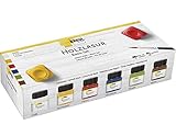 KREUL 78500 - Farbintensive Acryl Holzlasur im Set, 6 x 20 ml Farbe in Weiß, Sonnengelb, Cherry, Ultramarin, Pistazie, Maron und Pinsel für unbehandeltes, natürliches Holz und saugende Naturpapiere