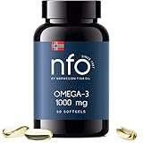 NFO OMEGA-3 1000 mg [60 Kapseln] Norwegisches Fischöl bildet EPA und DHA, enthält Triglyceride und Vitamin E Natural hochdosierter Bio-Komplex aus frisch gefangenem Wildfisch Hergestellt in Norwegen