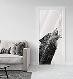 MyMaxxi - Tür bekleben mit Türtapete Selbstklebend 90x200 Heulender Wolf - Türfolie mit Premium Glanzeffekt - Türaufkleber metallic Silberfolie - Türposter Türklebefolie Raubtier Fell schwarz weiß