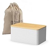 Brotkasten Weiß, Brotbox mit Leinenbeutel, geschenke,Brotkasten mit Bambusdeckel als Schneidebrett Verwendet Werden kann, Rechteckiger Metall Brotbehälter um Frisches Brotaufbewahrung (33x21x16cm)