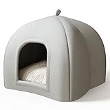 KEEPREAPER Katzenbett flauschig waschbar, Katzenhöhle große Katzen mit abnehmbarem Kissen, Katzenhaus Katzenzelt klappbar mit Handle, 42x42x45cm, Hellgrau