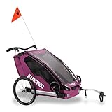 FUXTEC Fahrradanhänger Sportfux mit 2 Sitzplätzen, Hecktasche mit Reflektoren, Schiebegriff, Regen- und Sonnenschutz, faltbar, Purpur FX-FA1