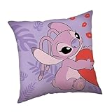 Disney Stitch Kissen Lilo und Stitch 35cm x 35cm, befüllt, weiches Kuschelkisse, Kinderkissen, Schmusekissen, Kopfkissen, Dekokissen, Rosa (Flieder)