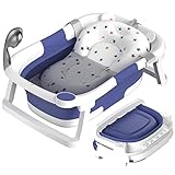 Rabb 1st Baby Badewanne Faltbare, Unverzichtbares Babybadezubehör, Tragbare Wanne für Neugeborene bis Kleinkinder mit Rutschfester Matte und Abflussloch. (Kein Thermometer) (Blau + Baby-Badematte)