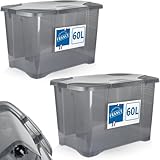 Stimo 2x 60L Aufbewahrungsbox mit Deckel und Rollen große Box rollbar (Grau-Transparent)