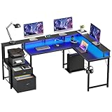 YOUDENOVA Eckschreibtisch mit Schubladen Schreibtisch L Form 168x100cm Gaming Tisch mit LED Computertisch mit Steckdose und USB-Ladeanschluss Bürotisch Schwarz