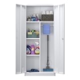 SUPEER Besenschrank mit Belüftung & Magnetverschluss,Mehrzweckschrank,Stabiler Stahlschrank für Staubsauger, Putzmittel, Wäsche und Haushaltszubehör|70x30x165 cm|Weiß