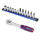 WORKPRO 14-teiliges 3/8'-Steckschlüssel- und Ratschen-Set, einschließlich 12 kurzer Steckschlüssel und Bit-Steckschlüssel, 72-Zahn-Ratsche mit magnetischer Steckschienenhalterung, für Heimreparaturen
