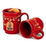 Trinklicht® 12 Glühweintassen Weihnachten | Glühweinbecher 0,2L Rot mit Henkel | Glühwein Tasse Set für Weihnachtsmarkt | Keramik Weihnachtstasse Punschbecher Weihnachtsmotiv