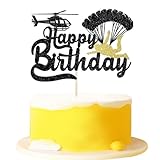 Tortenaufsatz mit Fallschirmspringer-Motiv 'Happy Birthday', schwarz-goldener Hubschrauber, Fallschirm, Kuchendekoration, ultimatives Risiko, Sportthema, Geburtstagsparty-Zubehör (Fallschirm)