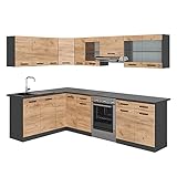 Vicco Eckküche Rick, Goldkraft Eiche/Anthrazit, 167 x 60 cm, AP Schwarz Gemustert