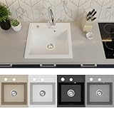 Faizee Home | Spülbecken Granit Weiß 49x52 cm | Hochwertige Küchenspüle & Einbauspüle | Eckiges Spülbecken | Beidseitig montierbare Granitspüle | Einbaugranitspüle ab 45 cm | Inkl. Siphon-Set
