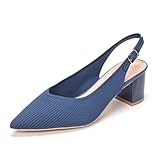 Frank Mully Damen Slingback Heels Spitz Zehen Arbeitspumpen Bequeme Chunky Pumps Gestrickte Geschlossene Zehen Stilvolle Elegante Schuhe, Blau, 40.5 EU