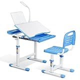 Kinderschreibtisch höhenverstellbar, Schülerschreibtisch mit Licht, Kinderschreibtisch mit Leseregal und LED-Licht, ergonomisch/Blau
