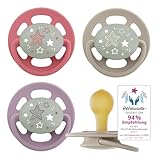 nip - Cherry Green Night | 0-6 Monate | 4er Pack | Stillfreundlicher, zahnfreundlicher Babyschnuller mit Leuchtknopf. Nachhaltiger Schnuller aus natürlichen Rohstoffen, Lila/Rot