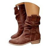 Memmyly Damen-Stiefel, halblang, warm, Winter, Western, elegant und bequem, Schwarz, Braun, Beige, Kaffeebraun, halbhohe Stiefel, modisch, bequem, runder Zehenbereich, Cowgirl, seitlicher