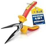 S&R VDE Flachrundzange 200 mm, gerade Spitzzange, 60 CrV hitze- und induktionsgehärtet für professionellen Einsatz, Härte HRC 66, Seitenschneider, 2K-Griff, Abrutschschutz, Storchschnabelzange