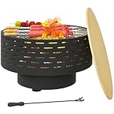Outsunny 3-in-1 Feuerschale Ø60 x 39cm aus Edelstahl Feuerstelle mit Grillrost Schürhaken Funkenschutz in Holzoptik Feuerschalen Feuerkorb für Garten, Balkon Terrasse, Outdoor BBQ Camping Kohlegrau