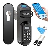 WELOCK U81 Smartes Türschloss Ultra mit Fingerabdruck Passwort WLAN App und RFID Karte Ersatzteil Mechanischer Schlüssel, Elektronisches Türschloss Haustür, Verstellbarer für 50-90mm EU-Profiltür
