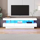 Merax TV Schrank Lowboard 160 cm mit LED-Beleuchtung, Weiß Hochglanz, 3 Glasfächer für 70 Zoll Fernseher, Modernes TV Board mit App-Steuerung und Kabelmanagement für Wohnzimmer Möbel