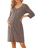 KOJOOIN Damen Nachthemd Geburt Stillnachthemd 3/4 Ärmel Nachtwäsche Baumwolle Umstandsnachthemd mit Durchgehender Knopfleiste Nachtkleid Braun（3/4 Ärmel） L