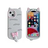 HYHMXB Handyhülle, 3D Niedliches Kawaii-Schwanz-Katzen-Design, weiches Silikon, stoßfest, Rundumschutz, starke Schutzhülle, kompatibel mit iPhone 14 Pro für Mädchen und Frauen, Grau