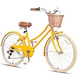 Glerc 24' Mädchen Cruiser Bike 6-Gang Cruiser Frauen Hybird Fahrrad für Alter 7 8 9 10 11 Jahre alt mit Weidenkorb, Lightweight Rahmen und Gabel, gelb