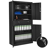 tectake® Aktenschrank, Mehrzweckschrank aus Stahl, Allzweckschrank, Aktenschrank abschließbar, 2 Schrankabteilen, 2 Schubladen, Türen und Schloss, Büroschrank, Werkzeugschrank, 180x80x40cm - schwarz