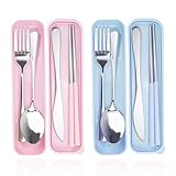 DIYJEP 2 Stück Besteck Set aus Edelstahl, Tragbare Reisebesteck mit Etui, Wiederverwendbare Camping Outdoor Besteck mit Messer Gabel Löffel Stäbchen für Reise Büro Mittagessen Camping (Blau + Rosa)