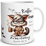 TRIOSK Tasse Katze lustig mit Spruch Möge dein Kaffee stark sein Katzenmotiv Sprüche Geschenk für Katzenliebhaber Frauen Männer Kaffeeliebhaber Büro Kollegen Weiß, Keramik 300ml