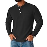 NSICBMNO Schwarzes Golf-Oberteil für Herren, langärmelig, V-Ausschnitt, Waffelstrickpullover, Kompressionsoberteil, 1/4-Knopf-Pullover, Vintage-Henley-T-Shirt, Golf-Polo-Shirts, Baggy-Sweatshirt