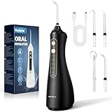Vexloria Munddusche Kabellos, Tragbare IPX7 Wasserdichte Elektrische Mundduschen mit 5 Modi & 4 Düsen, 320ML Wassertank, Zahndusche für Entfernt Speisereste und Reinigt Die Zähne, Schwarz