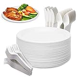 Yidaxing 200 Stück Einweggeschirr Set, Partygeschirr Biologisch Abbaubares, Ökologisches Pappteller Gabeln Messer und Löffel kombiniert, für Grillfest Camping Picknick Party 50 Gäste (22.8cm Weiß)