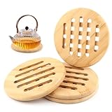 VFANDV 4 Stück Topfuntersetzer Set, Rund Bambus Rutschfestes Waschbar Untersetzer, Hitzebeständiger Topfuntersetzer, Pfannenschoner für Küchenschüsseltöpfe Pfannen und Teller - 15x15cm