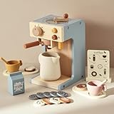 Mamimami Home Kaffeemaschine Kinder Holz Mit Mühle,Kaffeemaschine Kinder Mit Sound,Spielküche Holz,22-Teilig, Mit Menü, Dahinter Befindet Sich Stauraum,Geschenk Mädchen ab 3 Jahre,Blau