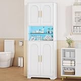 Hzuaneri Badezimmerschrank, Badschrank, Hoher Schrank Mit Farbwechselnden Led-Leuchten Und 4 Türen, Verstellbare Einlegeböden, Wohnzimmer, Badezimmer, 30 X 60 X 170 cm, Weiße Holzmaserung SC68213X