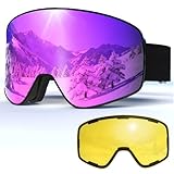 Skibrille, rahmenlose Snowboardbrille mit 2 UV400-Magnet-Ski-Gläsern, YH212, Anti-Beschlag-Schneebrille für Erwachsene, Herren, Damen (schwarzer Rahmen, Full Revo Purple (VLT 16%) + gelbe Linse (78%)