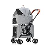 Doppelter Katzen-Hundewagen, Haustier-Kinderwagen, Pet Gear 4-Rad-Haustier-Kinderwagen, Leichter Kinderwagen for Hunde und Katzen, ideal for Zwillinge oder mehrere, atmungsaktive Reisetrage, Grau